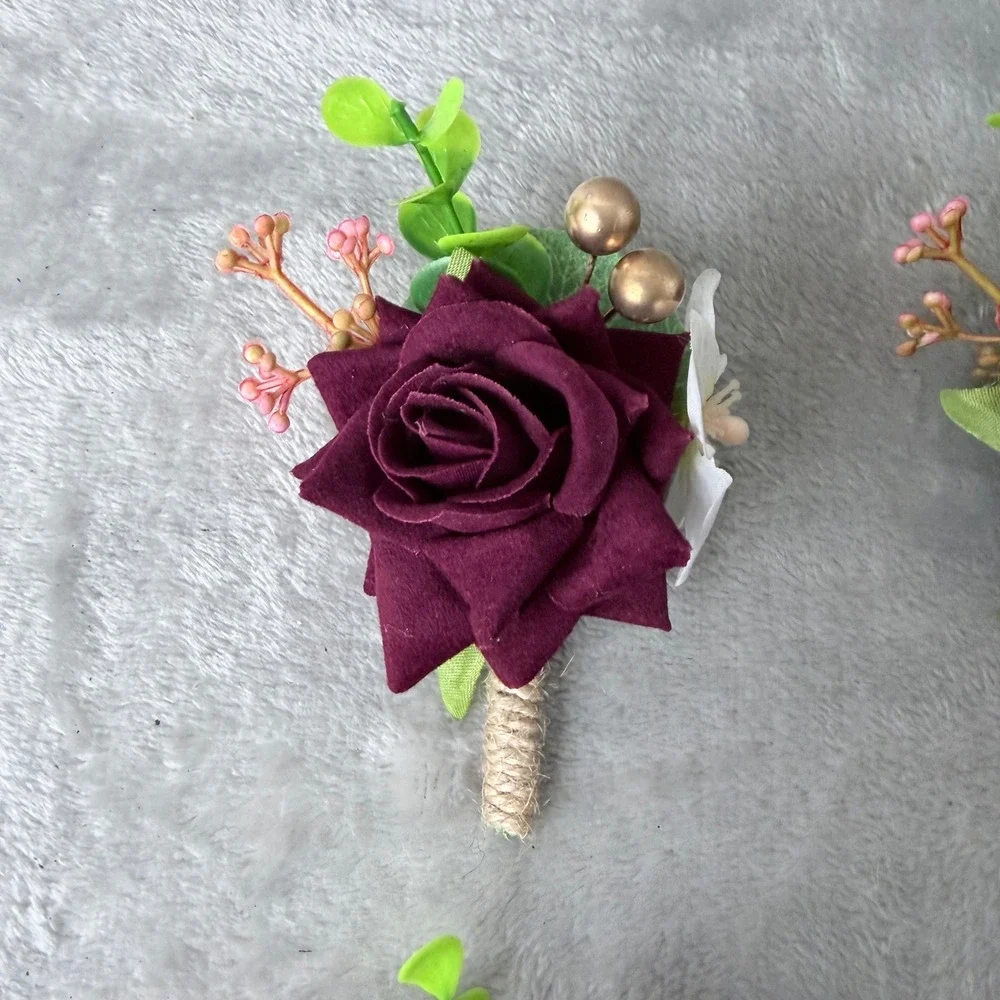 Boutonnière 6pc Burgundy Rose Gold Accents Rustic Wedding Formal Floral Groom
